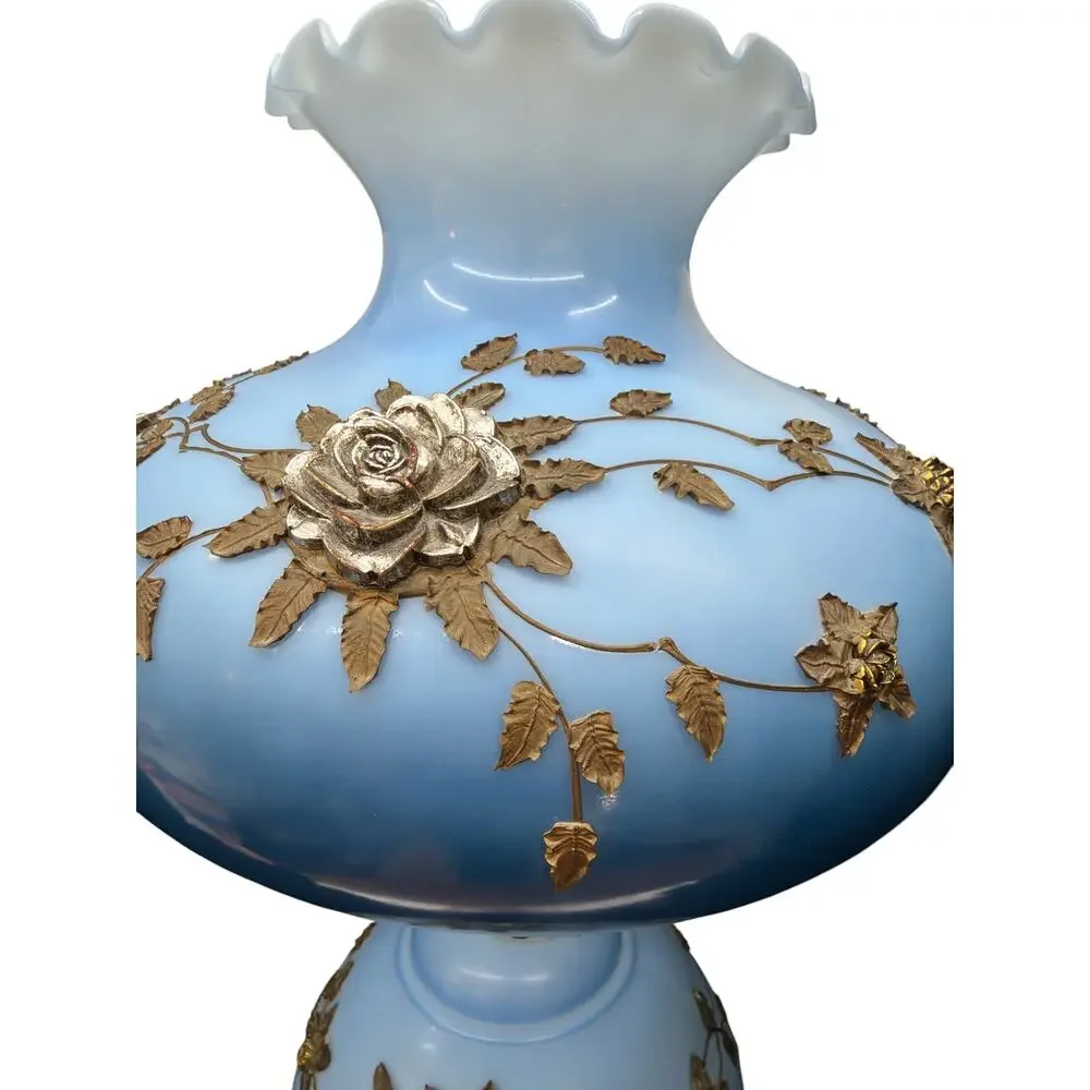 Vintage Falkenstein Style Industries Blue Opaline Hurricane Lamp Floral Dual
